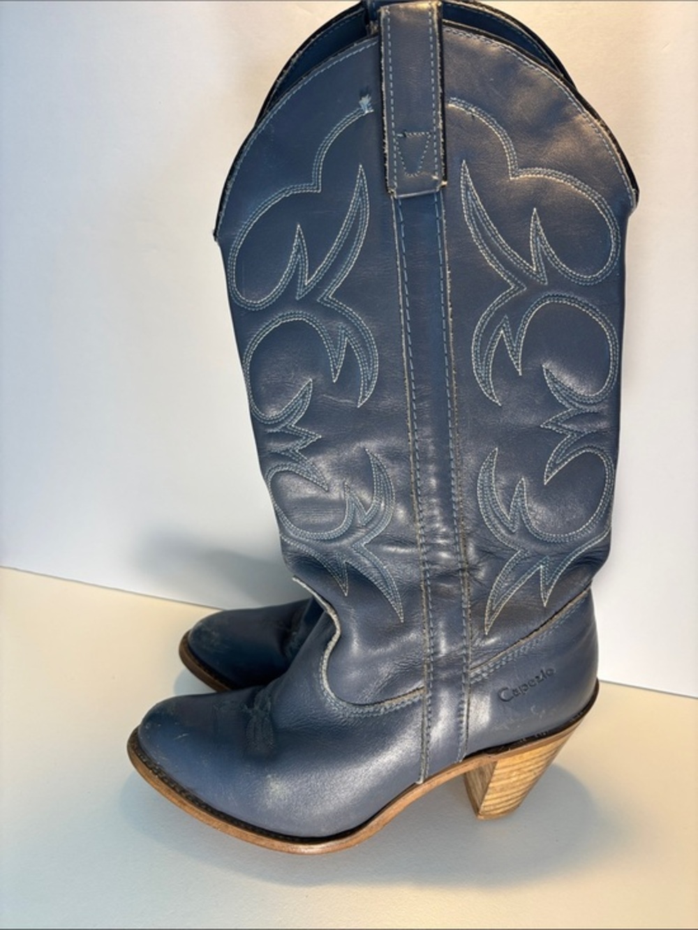 Capezio Navy Leather Western Mid-Calf Heeled Boots Vintage